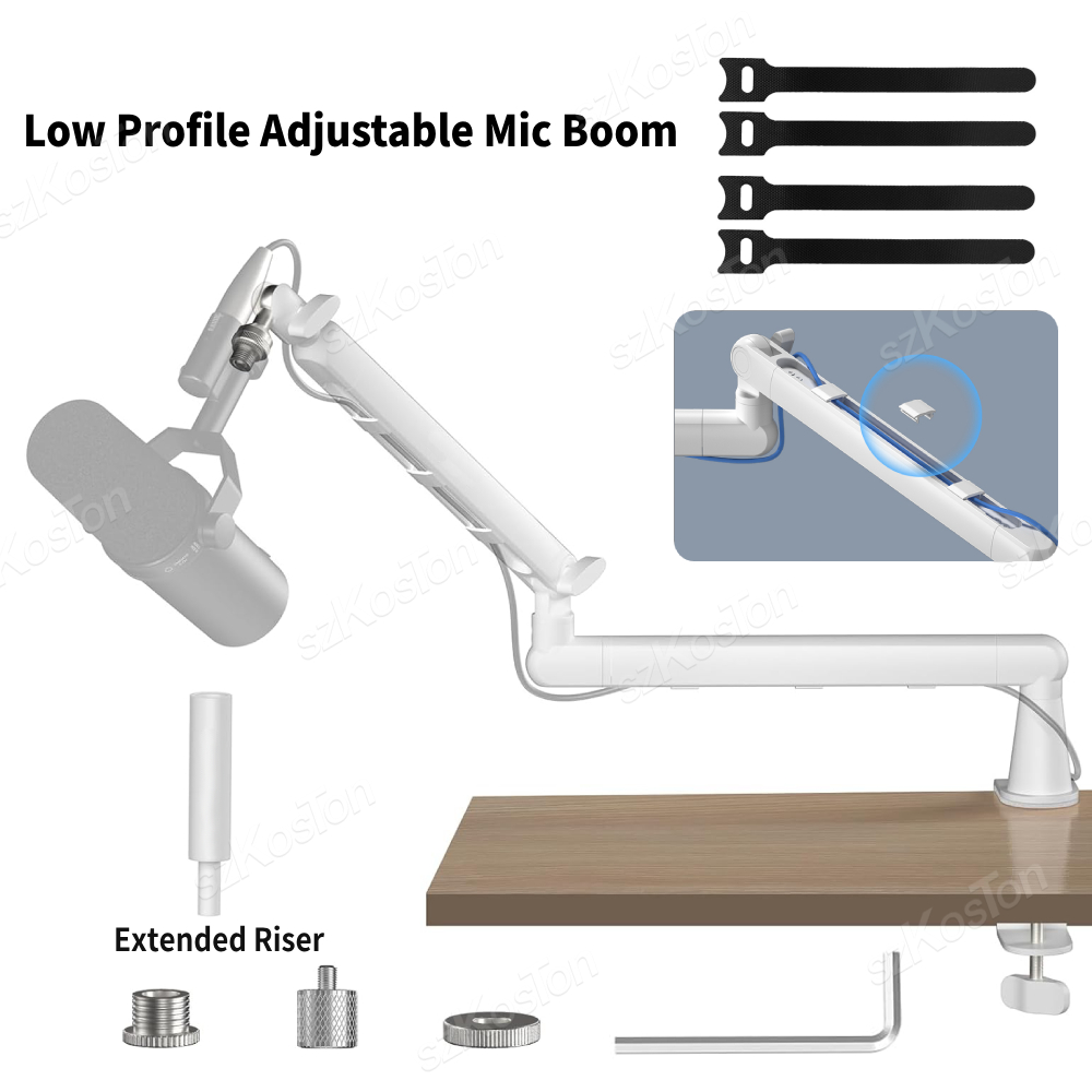Microphone Arm Boom - Weißer Mikrofonarm, verstellbarer Low-Profile-Mikrofonständer mit erweiterter